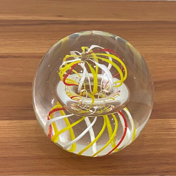 Handblown Art Glass Yellow White & Red Swirl Round Paperweight - Picture 2 of 10
